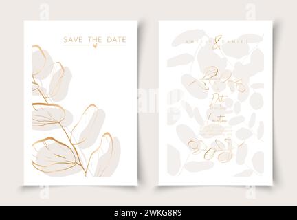 Set of cards minimal hand drawn branch elements in gold line art style. Botanical leaves frame template. Editable vector design card for advertising, Stock Vector