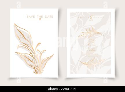 Set of cards minimal hand drawn branch elements in gold line art style. Botanical leaves frame template. Editable vector design card for advertising, Stock Vector
