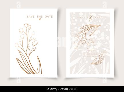 Set of cards minimal hand drawn branch elements in gold line art style. Botanical leaves frame template. Editable vector design card for advertising, Stock Vector