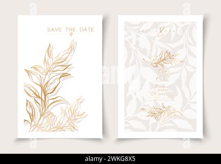 Set of cards minimal hand drawn branch elements in gold line art style. Botanical leaves frame template. Editable vector design card for advertising, Stock Vector
