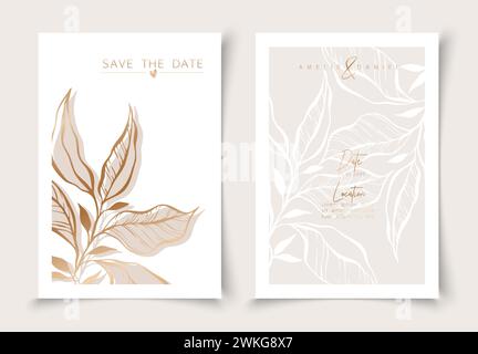 Set of cards minimal hand drawn branch elements in gold line art style. Botanical leaves frame template. Editable vector design card for advertising, Stock Vector