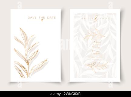 Set of cards minimal hand drawn branch elements in gold line art style. Botanical leaves frame template. Editable vector design card for advertising, Stock Vector