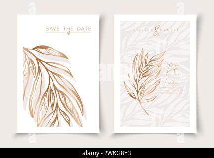 Set of cards minimal hand drawn branch elements in gold line art style. Botanical leaves frame template. Editable vector design card for advertising, Stock Vector