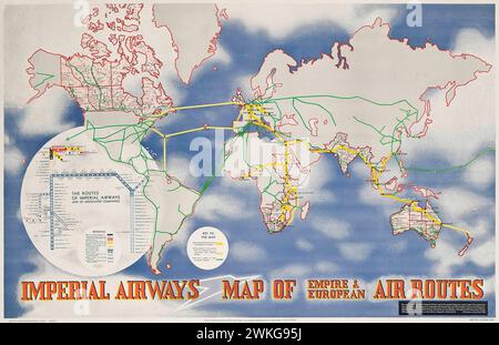 Vintage Travel Poster for 'Imperial Airways', showing their air routes maps in Empire and Europe.  by László Moholy-Nagy  1936 Stock Photo