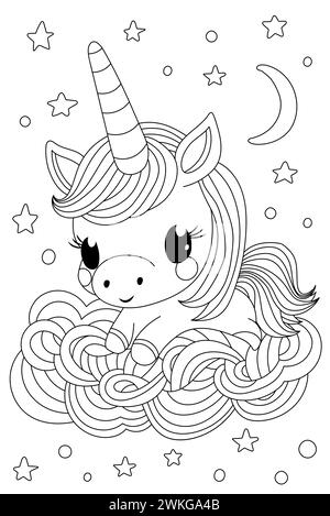 Unicorn Sleeping On Moon Is A Coloring Book Page For Children And ...