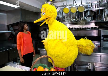 First Lady Michelle Obama participates in a Let's Move and 'Sesame Street' public service announcement taping with Big Bird in the White House Kitchen, Feb. 13, 2013. (Official White House Photo by Lawrence Jackson)  This official White House photograph is being made available only for publication by news organizations and/or for personal use printing by the subject(s) of the photograph. The photograph may not be manipulated in any way and may not be used in commercial or political materials, advertisements, emails, products, promotions that in any way suggests approval or endorsement of th Stock Photo
