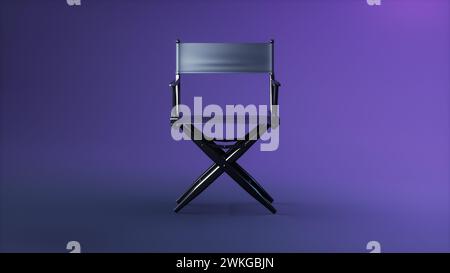 Director chair on a Dark Purple Studio Background. Cinema production or Event design concept. 3D render illustration. Stock Photo