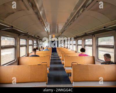 Picture of a typical seat from an old European train,, en route in Riga, Latvia, Europe, in a regional EMU train. Stock Photo
