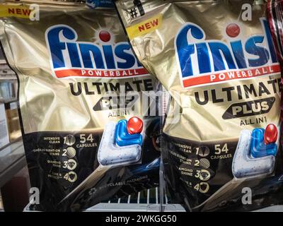 Picture of Finish Powerball dishwashing tablets for sale in Belgrade, Serbia. Finish is the brand name of a range of dishwasher detergent and cleaning Stock Photo