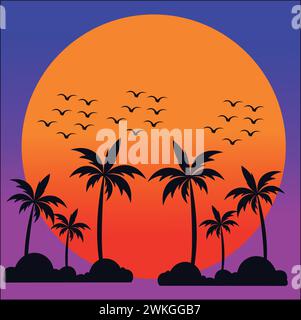 Sunset Sunrise with Beach Palm Trees of Ocean Island Stock Vector