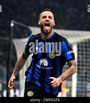 Milan. 20th Feb, 2024. Inter Milan's Marko Arnautovic celebrates his goal during the UEFA Champions League Round of 16 1st leg match between Inter Milan and Atletico Madrid in Milan, Italy, Feb.20, 2024. Credit: Alberto Lingria/Xinhua/Alamy Live News Stock Photo