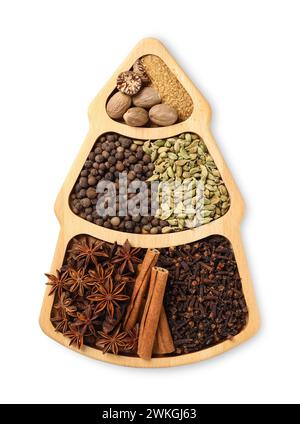 Different spices and nuts isolated on white, top view Stock Photo