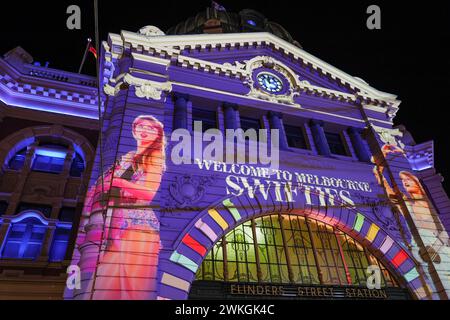 A Taylor Swift projection is shown on Flinders Street Station to greet fans attending 3 record breaking shows at the MCG. Stock Photo