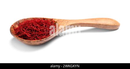 Aromatic saffron in spoon isolated on white Stock Photo