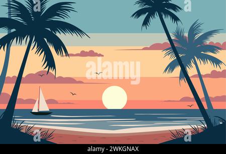 Flat Design of Boat Sailing on the Sea with Colorful Sky at Sunset Stock Vector