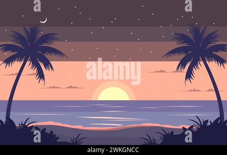 Flat Design of Sea Nature View with Tropical Palm Trees at Night Stock Vector