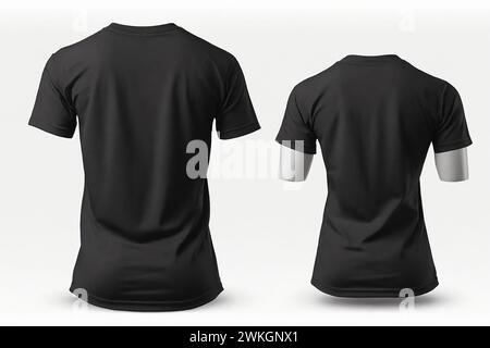 Black t shirt front and back view, cut out on a white background Stock Photo