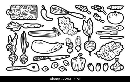 Vegetables and kitchen utensils cartoon outline sticker set. Vegetable carrot, cucumber, lettuce pepper or onion garlic etc. Hand drawn healthy diet farm product. Doodle fresh vegetarian menu vector Stock Vector
