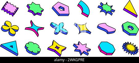 Colorful neon isometric shape set. Bright outlined abstract geometric object collection. Retro brutalist pack in Swiss or Memphis style. Vintage video game elements for poster, banner. Vector bundle Stock Vector