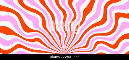 Red pink white trippy burst line background. Psychedelic wavy stripe wallpaper. Groovy twisted sunburst swirl. Distorted curly wave texture design for poster, banner, flyer, cover. Vector backdrop Stock Vector