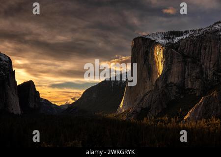 Sunset, Yosemite Firefall, nature, phenomenon, flowing fire, lava, natural phenomenon, waterfall, February, 2024, Horsetail Fall, El Capitan Stock Photo