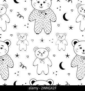 Cute kawaii bears, black and white seamless pattern, print in scandinavian style Stock Vector