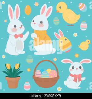 Adorable bunnies in various poses, cheerful yellow ducklings, decorated eggs, and a basket filled with Easter treats, all set against a soft blue back Stock Vector