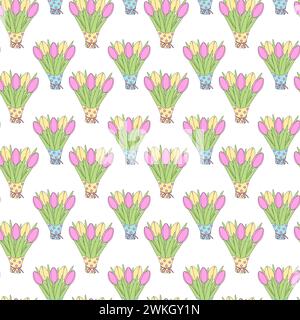 Seamless pattern of tulip bouquet in wrapping paper. Springtime greetings backdrop or wallpaper idea. Isolate. EPS. Vector for poster, banner, brochures, billboards, promo or web, label, greetings  Stock Vector