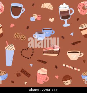 Coffee time seamless pattern vector. Cute background with doodle coffee and sweet food elements in simple hand drawn style. Different coffee drinks Stock Vector