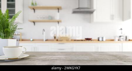 White kitchen interior background with focus on kitchen wooden table and blurred background. 3d rendering Stock Photo