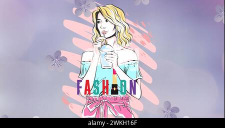 Image of fashion text over woman with shake drawing on blue background Stock Photo