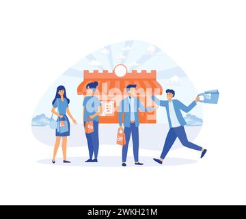 Group of people with Shopping Bags and Gifts. Male and Female Characters, Big Sale, Discount and Advertising Banner flat vector modern illustration Stock Vector