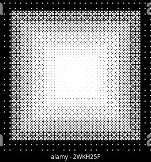 Pixelated gradient square frame. Black dithered radial gradation texture. Retro bitmap game background. Halftone 8 bit wallpaper. Vintage rectangle pixel art border. Vector backdrop Stock Vector