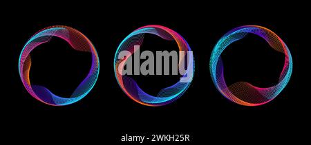 Neon iridescent gradient dotted circle set. Colorful glowing round tech frame collection. Curved wave dot line circles on black background. Bright spinning circular border pack. Vector element bundle Stock Vector