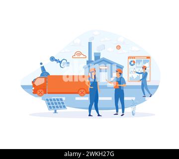 Smart Factories and working people use wireless technology to control. For work flows with smart devices. flat vector modern illustration Stock Vector