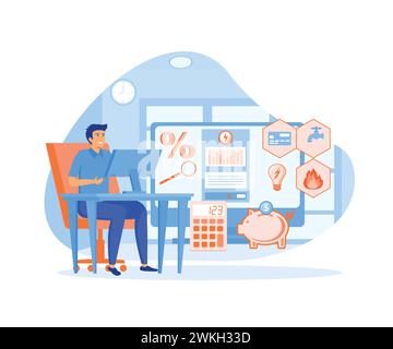 Man checking and paying utility bills online on his computer, he is checking the statement and saving money. flat vector modern illustration Stock Vector