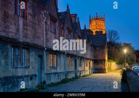 The Almshouses at dusk along Church Street. Chipping Campden, Cotswolds, Gloucestershire, England Stock Photo