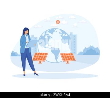 Woman using green electricity, windmills and solar panels. flat vector modern illustration Stock Vector