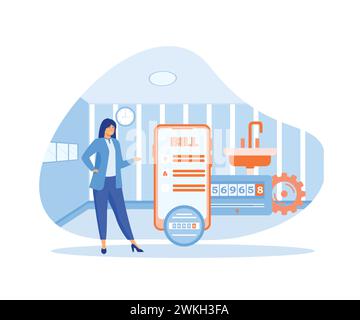 Housekeeping services. Utility bill in smart phone app. Woman pays gas, water, electricity, heating bills. flat vector modern illustration Stock Vector