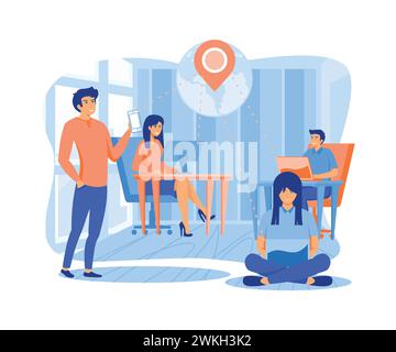 Outsourcing company. Remote workers work together on project scene. flat vector modern illustration Stock Vector