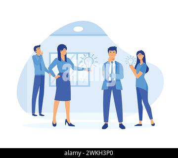 Brainstorm, idea discussion. Business team finding solution, thinking, sharing offers, light bulbs. flat vector modern illustration Stock Vector