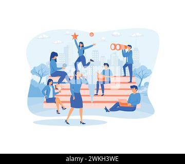 Self growth and personal development progress stages tiny person. Reaching for career goals and success.flat vector modern illustration Stock Vector