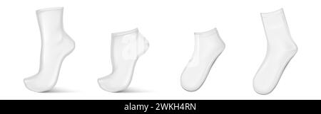 White blank socks of different height 3d mockup. Realistic vector illustration set of low and mid toes on invisible foot and flat lying isolated. Empty simple fabric clothes footwear template. Stock Vector