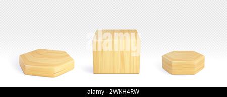 3D set of wooden platforms isolated on transparent background. Vector realistic illustration of cube and hexagon shape wood podium for product presentation, award stand, natural material sample mockup Stock Vector