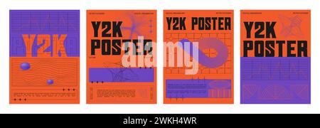 Set of retro futuristic vibe banners. Vector realistic illustration of y2k aesthetic posters with orange and purple color background, text borders, statistics data chart frames, retrowave collage Stock Vector