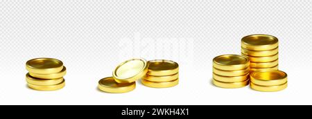 3D stacks of golden coins isolated on transparent background. Vector realistic illustration of pile of money, interest rate icon, bank deposit, income tax, savings in cash, cryptocurrency tokens Stock Vector