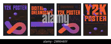 Set of retro futuristic vibe banners. Vector realistic illustration of y2k aesthetic posters with orange and purple color background, text borders, statistics data chart frames, retrowave collage Stock Vector