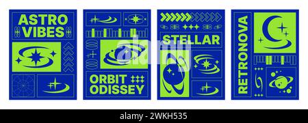 Poster template in y2k style with cosmic abstract simple elements - planets and stars, icons and typography. Vector set of space banner or pint layout in brutal minimalistic 90s and 00s aesthetic. Stock Vector