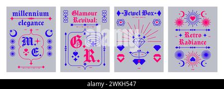 Nostalgic retro style banners set with abstract design elements. Vector illustration of retrowave aesthetic posters, vintage gothic font, heart, moon, star, diamond signs and text on gray background Stock Vector