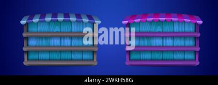 Game shop windows set isolated on background. Vector realistic illustration of empty wooden shelves decorated with color striped canopy, mobile app ui design elements, videogame level store mockup Stock Vector